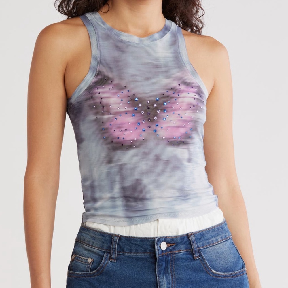 Madden Girl tie-dye mesh butterfly tank top with rhinestone butterfly design